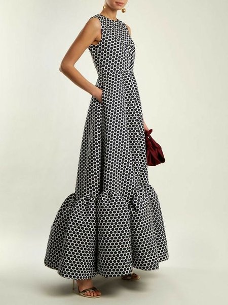 

Party Crew Neck Polka Dots Dress, Black-white, Maxi Dresses