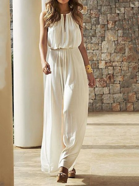 

Loose Plain Casual Halter Jumpsuit, Off white, Jumpsuits＆Rompers