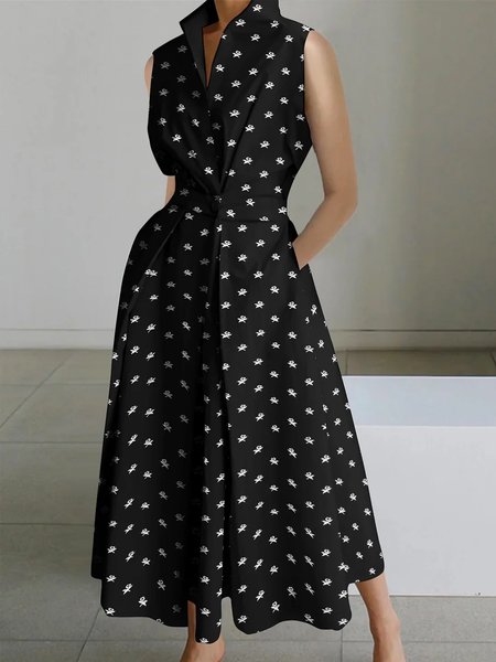 

Elegant Shirt Collar Sleeveless Print Dress, Black, Maxi Dresses