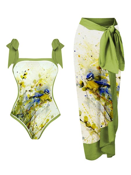 

Vacation Abstract Printing Strapless One Piece With Cover Up, Green, Coverups