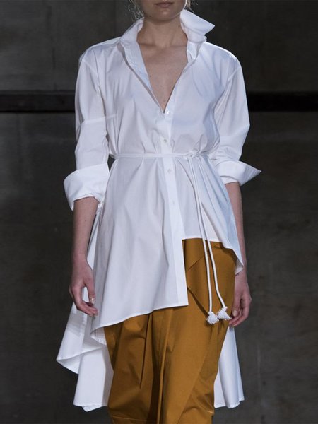 

Loose Shirt Collar Casual Plain Blouse, White, Blouses and Shirts
