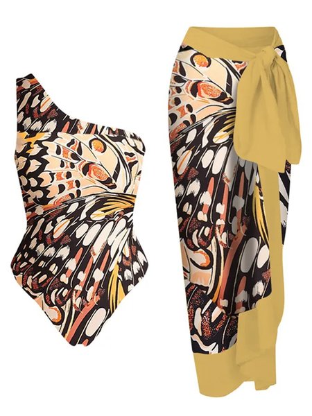 

One Shoulder Abstract Vacation One Piece With Cover Up, Multicolor, Coverups