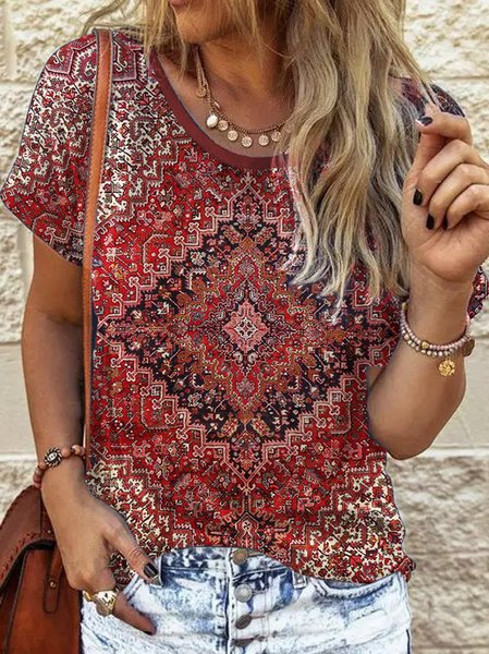 

Crew Neck Casual Ethnic Loose T-Shirt, Red, T-Shirts