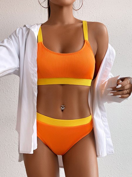 

Vacation Split Joint Color Block Scoop Neck Bikini, Orange, Bikini Sets