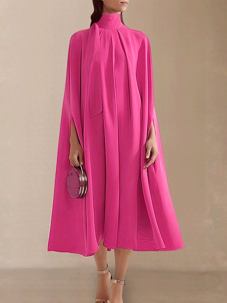 

Elegant Turtleneck Plain Loosen Midi Party Dress, Rose red, Midi Dresses
