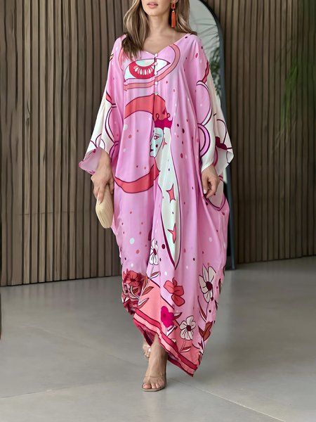 

V Neck Vacation Loose Painting Jumpsuit, Pink, Jumpsuits