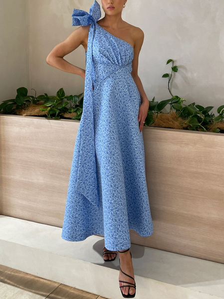 

Party Elegant Floral One Shoulder Dress, Blue, Maxi Dresses