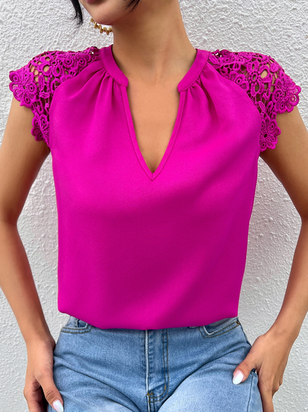 

V Neck Simple Lace Plain Shirt, Rose red, Shirts & Blouses