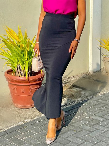 

Urban Plain Regular Fit High Waist Long Skirt, Black, Skirts