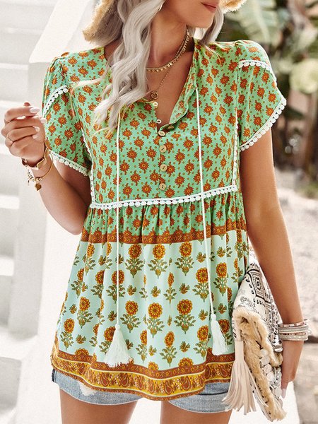 

Green Floral Tassel-Neck Tulip-Sleeve Button-Front Top, Shirts & Blouses