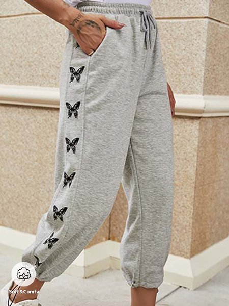 

Jersey Butterfly Loose Sports Pants, Gray, Pants