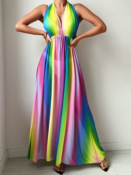 

Wedding Guest Rainbow Striped Backless Knot Plunging Neck Cover Up Dress, As picture, Maxi Dresses