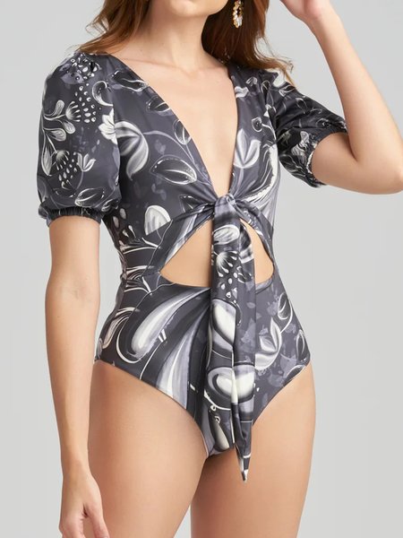 

Abstract Printing Vacation V Neck One-Piece, Black, One-Pieces