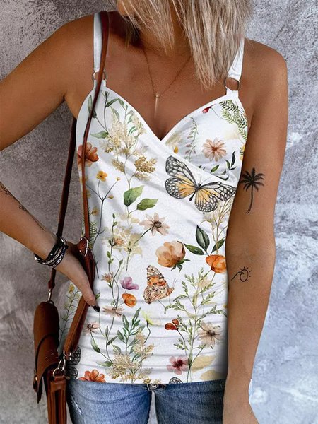 

Floral Casual Regular Fit V Neck Tank Tops, White, Tanks & Camis