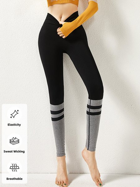 

High Waist Hip Lifting Fitness Pants Women's Stomach Control Elastic Tight Sports Leggings Contrasting Color Printing Running Yoga Trousers, Black, Leggings