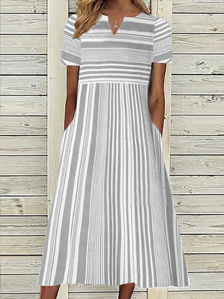

Women Short Sleeve Maxi Dress V-neck Striped Dress, Gray, Midi