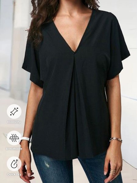 

Casual Loose Plain V Neck T-Shirt, Black, T-Shirts