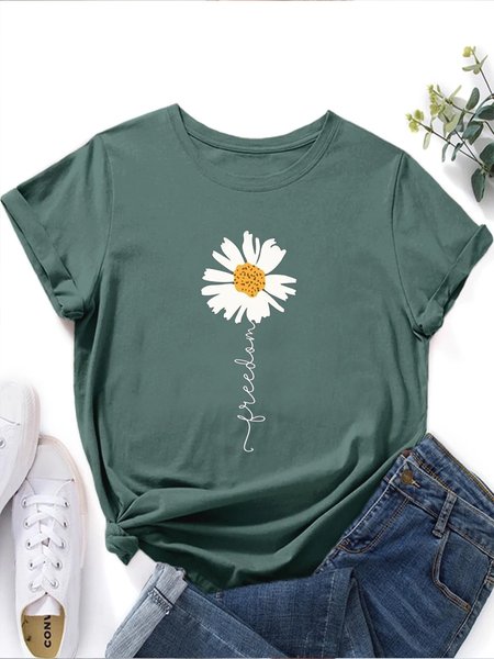 

Women Daisy Floral Letter Graphic Crew Neck Loose Short Sleeve Summer T-Shirt, Green, Tees & T-shirts