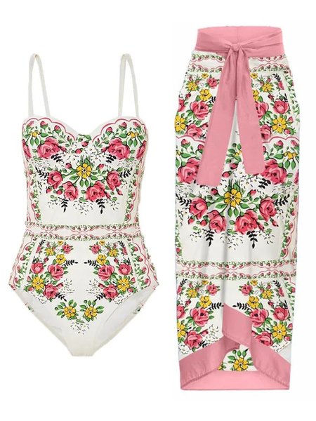 

Vacation Floral Scoop Neck One Piece With Cover Up, Pink, Coverups