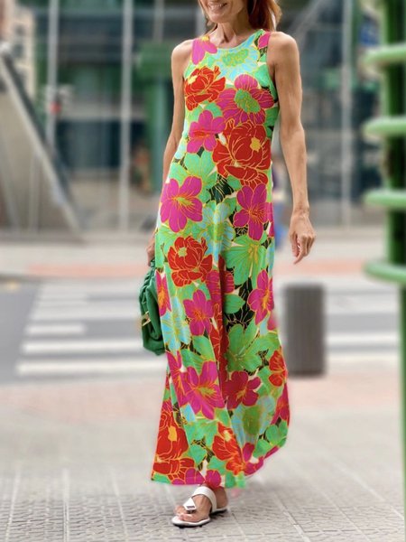 

Floral Regular Fit Elegant Crew Neck Dress, Green, Maxi Dresses