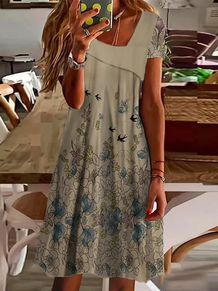 

Loose Floral Vintage Asymmetrical Dress, Khaki, Dresses