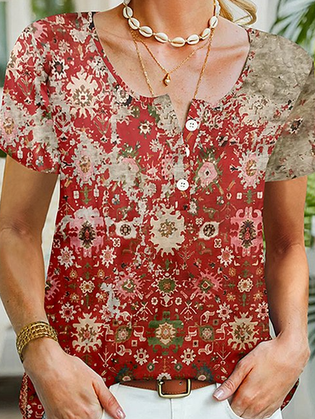 

women's ethnic retro Vintage Cotton T-Shirt, Brick red, T-Shirts