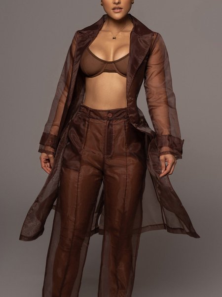 

Loose Elegant Plain Lapel Collar Kimono, Brown, Others