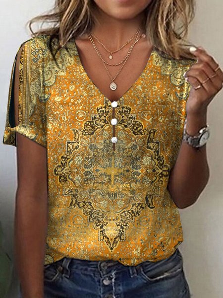 

Ethnic Buckle Loose V Neck T-Shirt, Yellow, T-Shirts