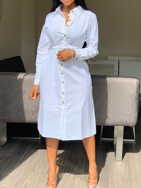 

Shirt Collar Casual Plain Regular Fit Dress, White, Midi Dresses