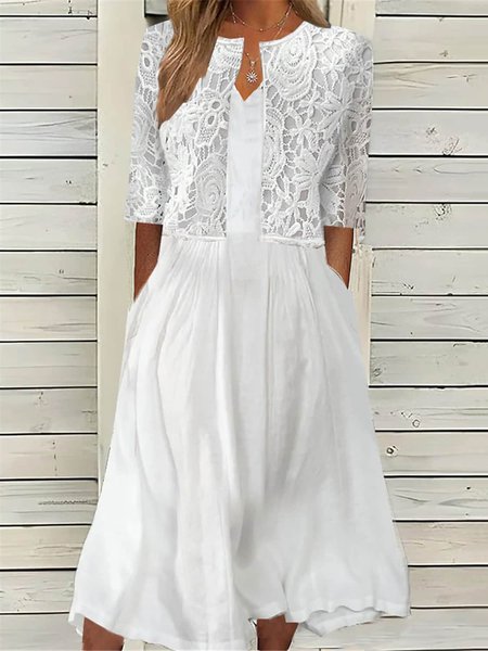 

Lace Crew Neck Casual Two-Piece Set, White, Formal Dresses