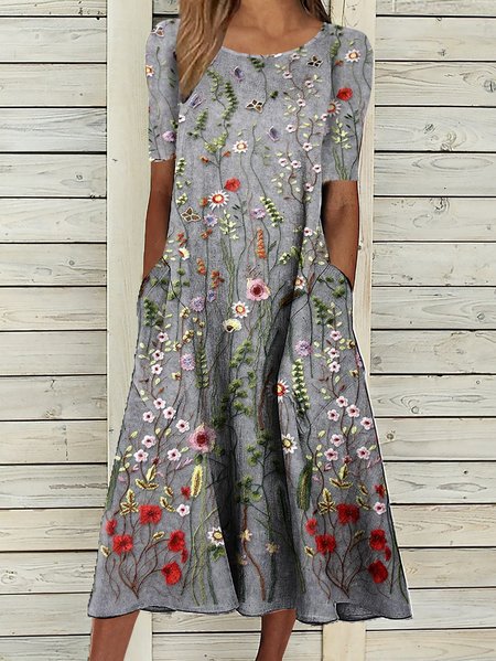 

Loose Casual Printing Crew Neck Dress, Multicolor, Casual Dresses