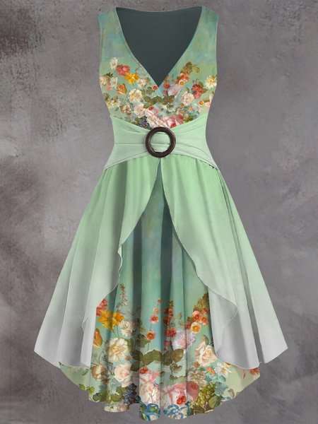 

Womens Vintage V Neck Dress, Green, Dresses