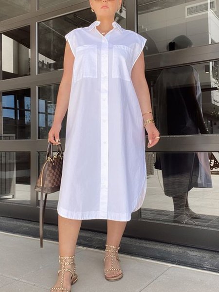 

Loose Casual Shirt Collar Plain Dress, White, Midi Dresses