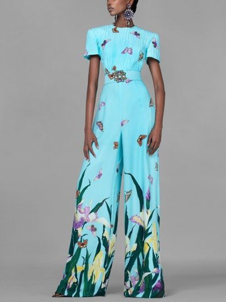 

Crew Neck Vacation Floral Jumpsuit, As picture, Jumpsuits