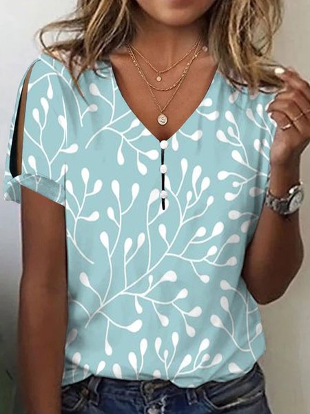 V Neck Buttoned Loose Casual Blouse, Green, Blouses