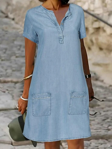 

Plain Casual V Neck Loose Dress, Blue, Dresses