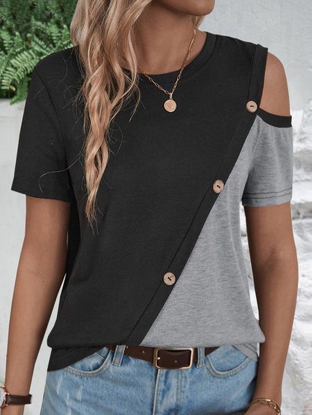 

women's contrast stitching Casual Crew Neck Plain Regular Fit T-Shirt, Black, T-Shirts