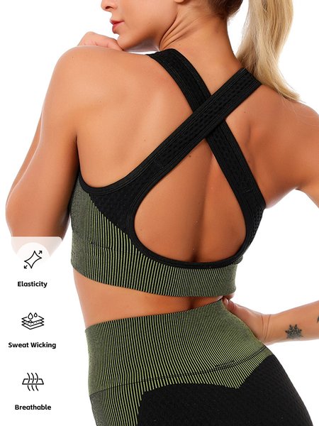 

Vest style seamless yoga clothes knitted jacquard fitness suit Set Speed dry sports bra, Green, Crop Bras
