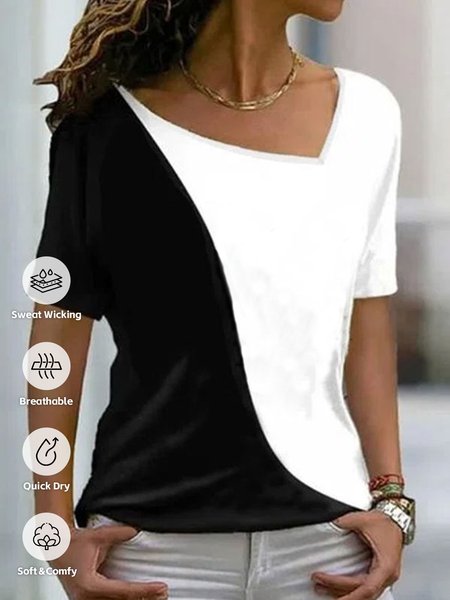 

Women Contrast Stitching Square Neck Casual Short Sleeve T-shirt, Black-white, Tees & T-shirts