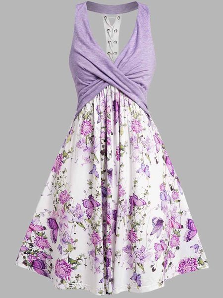 

Floral V Neck Vintage Loose Dress, Purple, Dresses