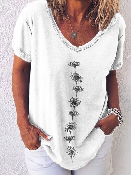 

Women Casual Daisy Floral V Neck Loose Short Sleeve White Summer T-Shirt, Tees & T-shirts