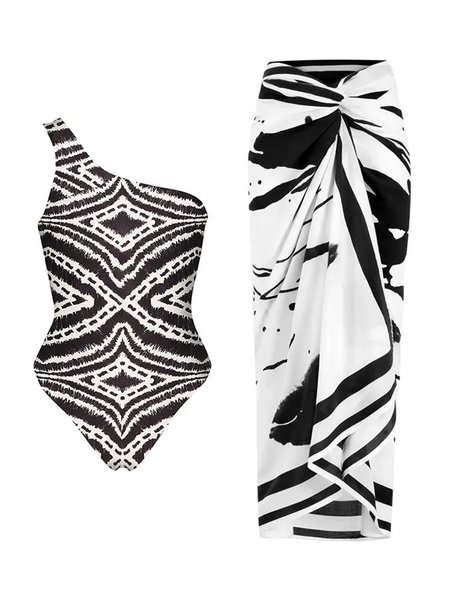 

Printing One Shoulder Abstract Vacation One Piece With Cover Up, Black-white, Coverups