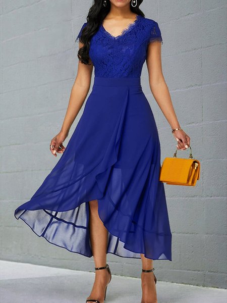 

Elegant V Neck Chiffon Dress, Royal blue, Dresses