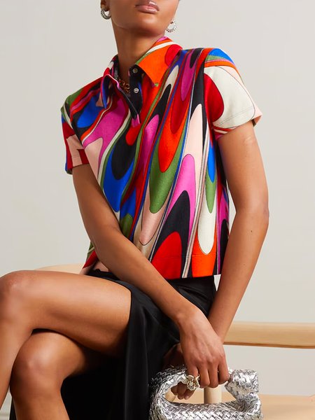 

Elegant Shirt Collar Abstract Regular Fit Short Sleeve Blouse, Multicolor, Blouses and Shirts