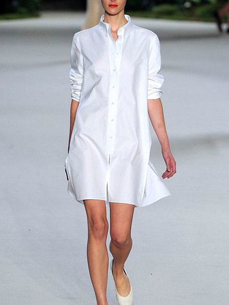 

Plain Regular Fit Casual Shirt Collar Dress, White, Midi Dresses