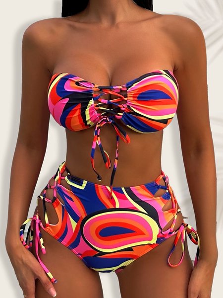 

Vacation Abstract Printing Strapless Bikini, Multicolor, Bikini Sets