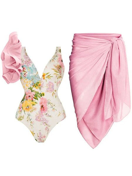

Printing Floral V Neck Vacation One Piece With Cover Up, Pink, Coverups