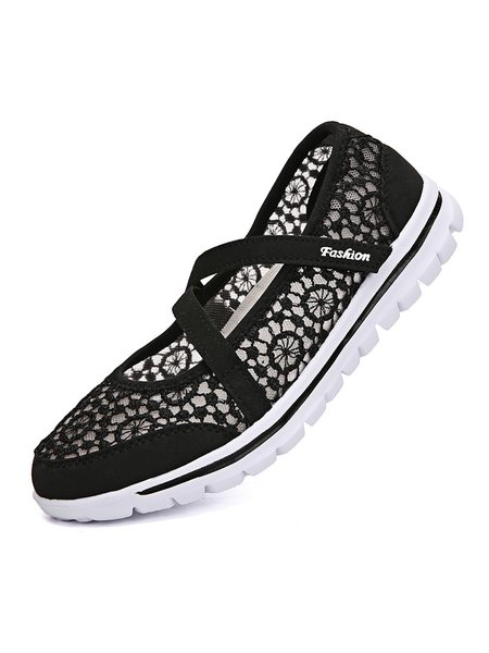 

Breathable Hollow out Lace Panched Casual Slip-on Sneakers, Black, Flats