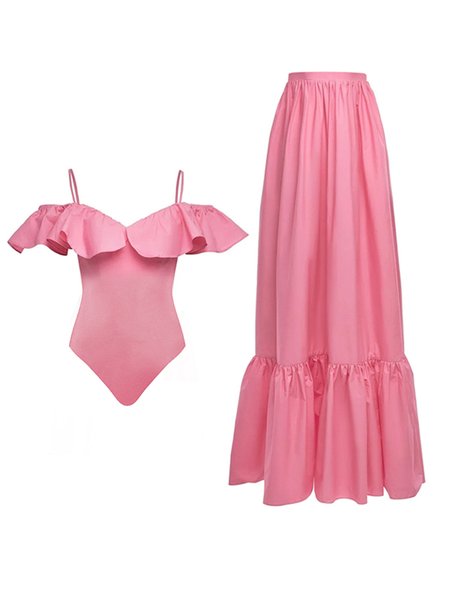 

Elegant Plain Notched One Piece With Cover Up, Pink, Coverups