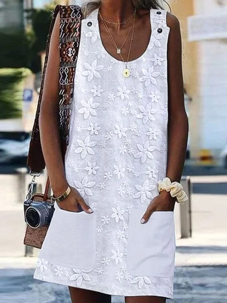 

Crew Neck Linen Buttoned Lace Dress, White, Mini Dresses